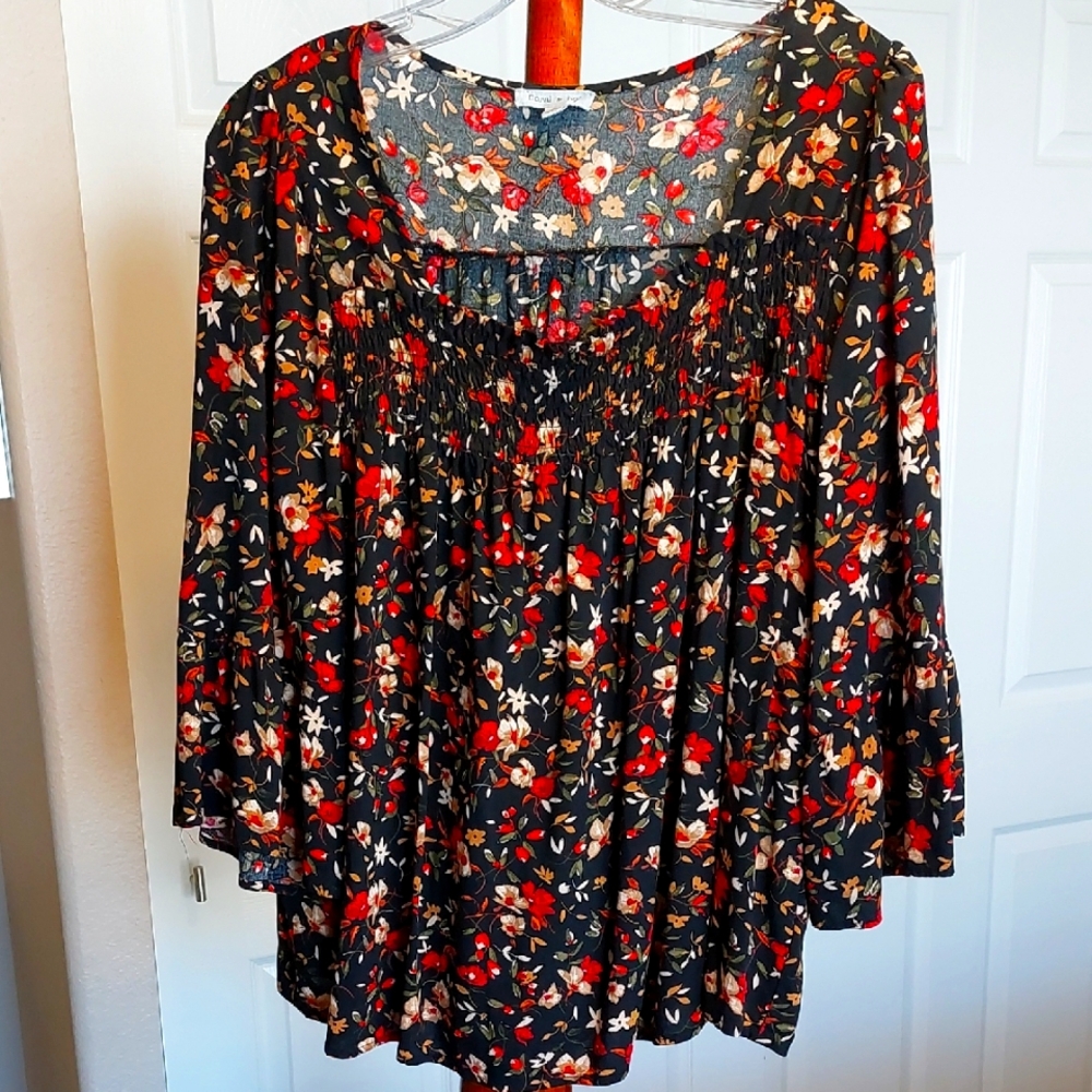 Floral & Ivy 3/4 Sleeve Black Floral Peasant Top